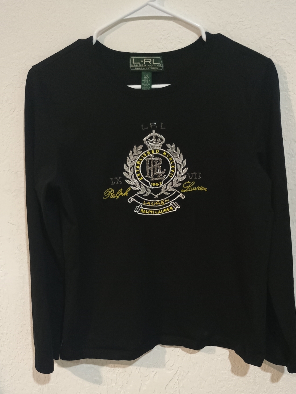 Ralph Lauren Black Long Sleeve Crest Tee with Yellow & White Embroidery